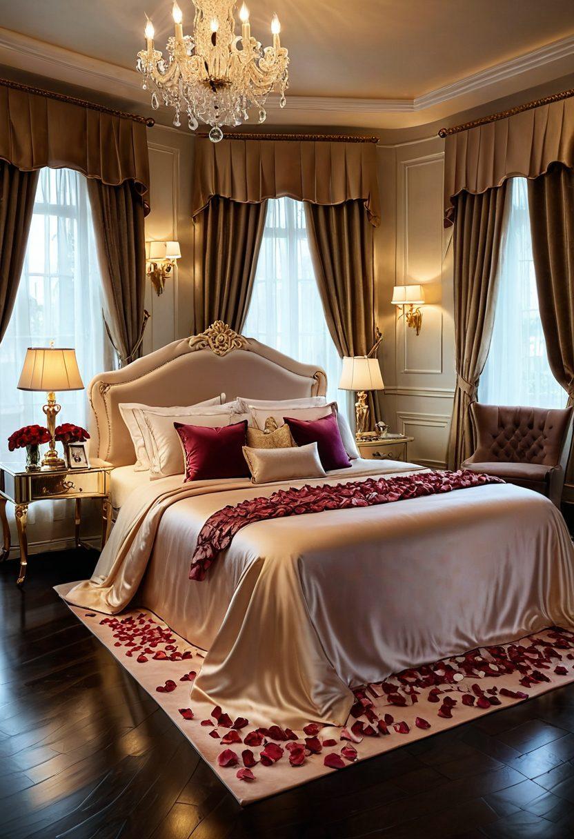 A sophisticated bedroom setting with elegant, softly lit ambiance. Display a discreet, luxurious adult toy set on a plush satin bedspread. Include elements like velvet drapes, rose petals, and golden accents to emphasize opulence. The toys should be tastefully arranged to highlight their premium quality. Painting style. Warm, intimate colors.