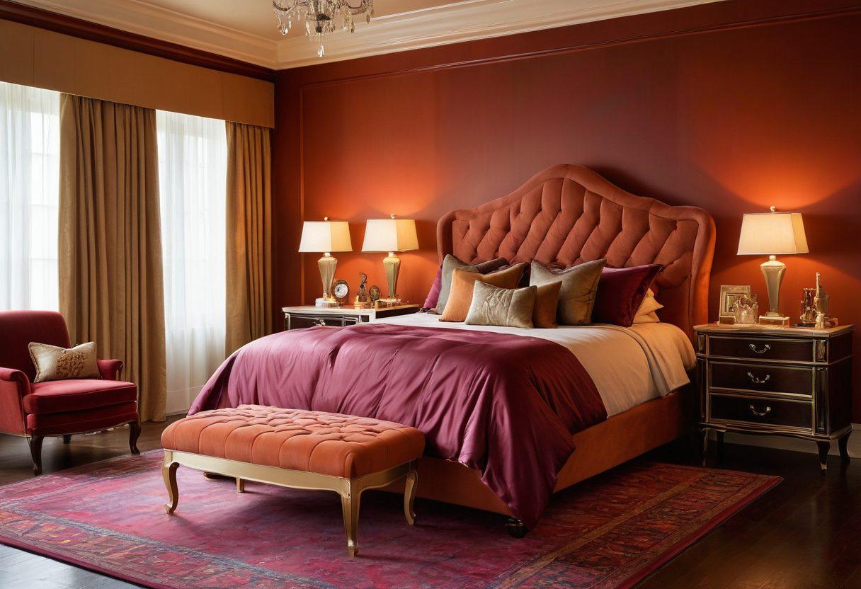 A luxurious bedroom setting with satin sheets and mood lighting, featuring a chic dresser adorned with elegant, high-end intimate toys in various shapes and sizes. The background should evoke a sense of opulence and sensuality. painting. vibrant colors. soft lighting.